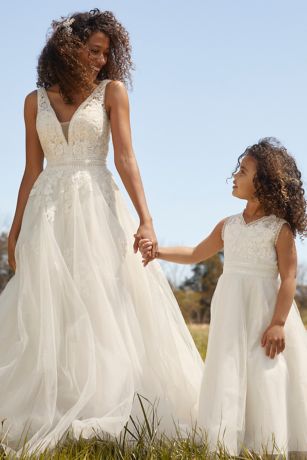 Embroidered V-Neck Wedding Dress with Tulle Skirt | David's Bridal