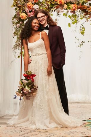 Tulle Lace V-Back Spaghetti Strap Wedding Dress | David's Bridal