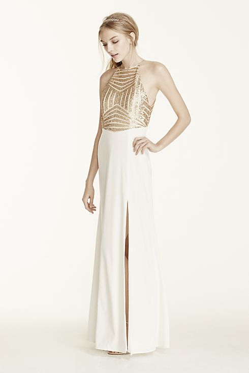 Sequin High Neck Halter Prom Dress with Side Slit Image 3