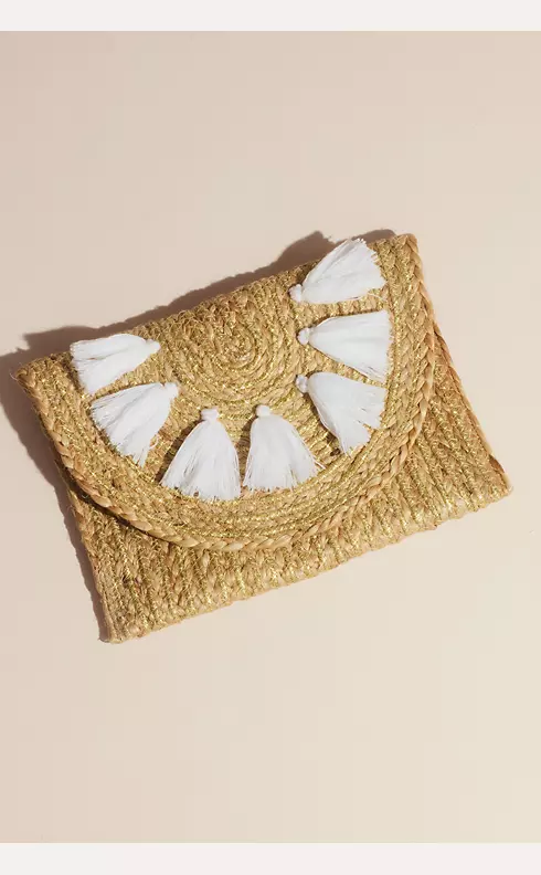 Woven Jute Envelope Clutch with Tassels Image 1