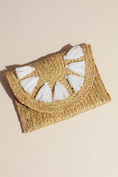 Woven Jute Envelope Clutch with Tassels Image