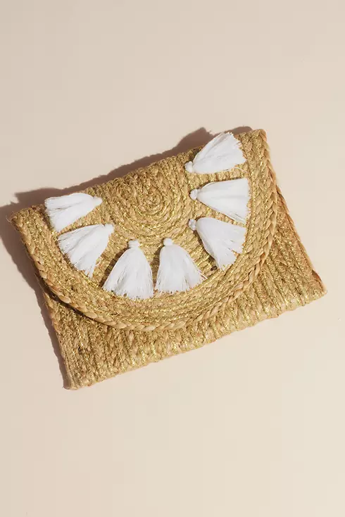Woven Jute Envelope Clutch with Tassels Image 1