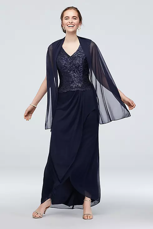Lace Bodice and Mesh Ruched Skirt Gown with Wrap Image 1