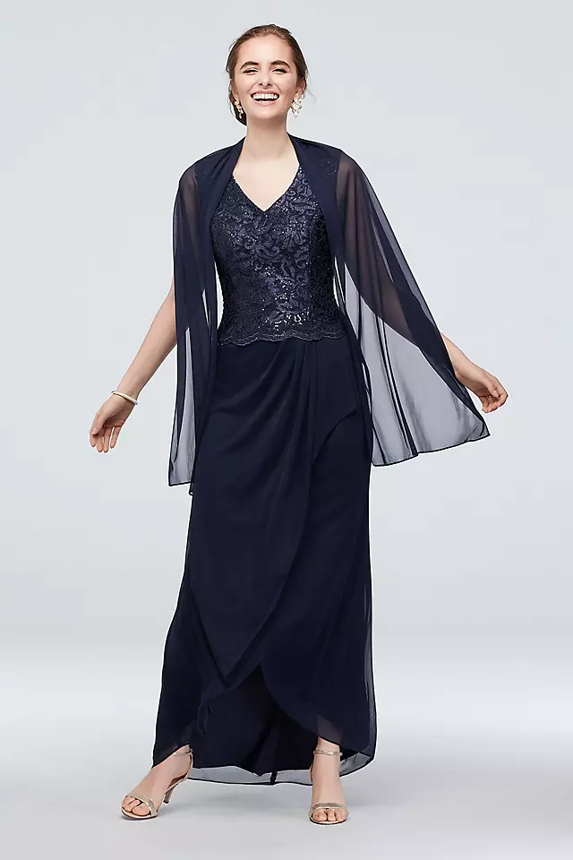 Lace Bodice and Mesh Ruched Skirt Gown with Wrap Image