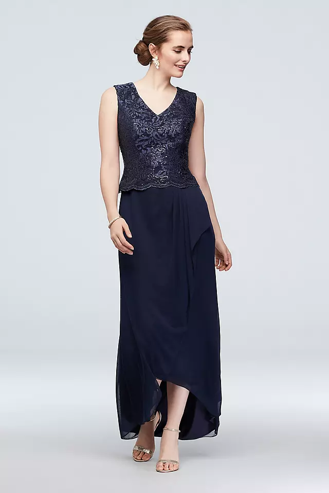Lace Bodice and Mesh Ruched Skirt Gown with Wrap Image 3