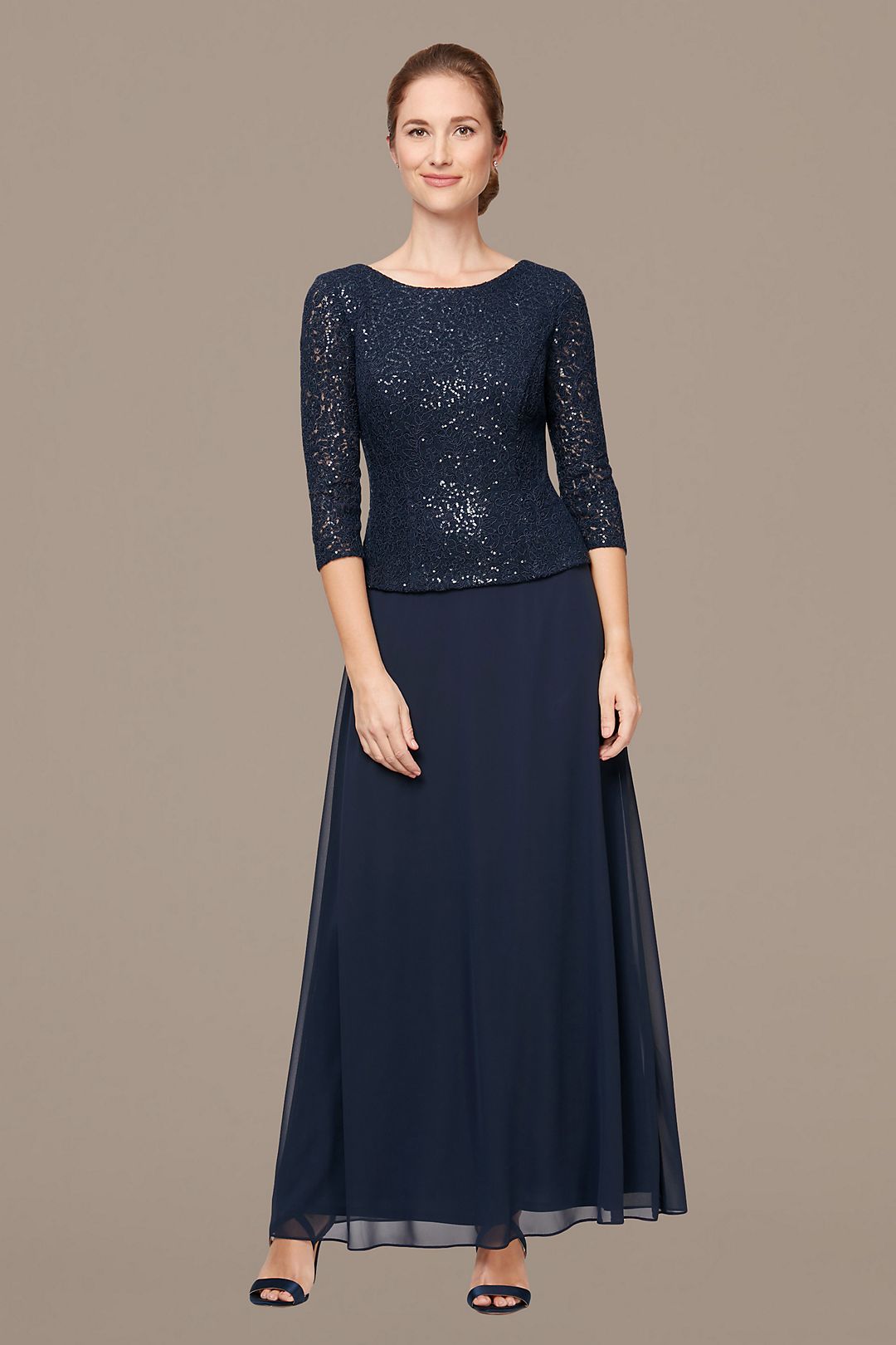 Sequin Lace 3/4 Sleeve Dress with Chiffon Skirt Image 3