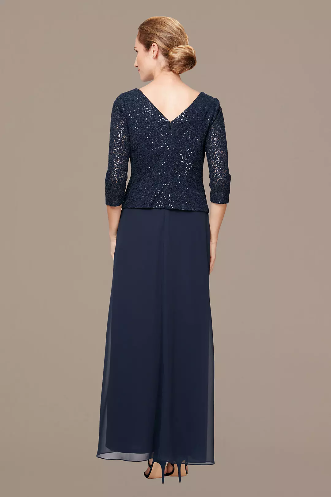 Sequin Lace 3/4 Sleeve Dress with Chiffon Skirt Image 2