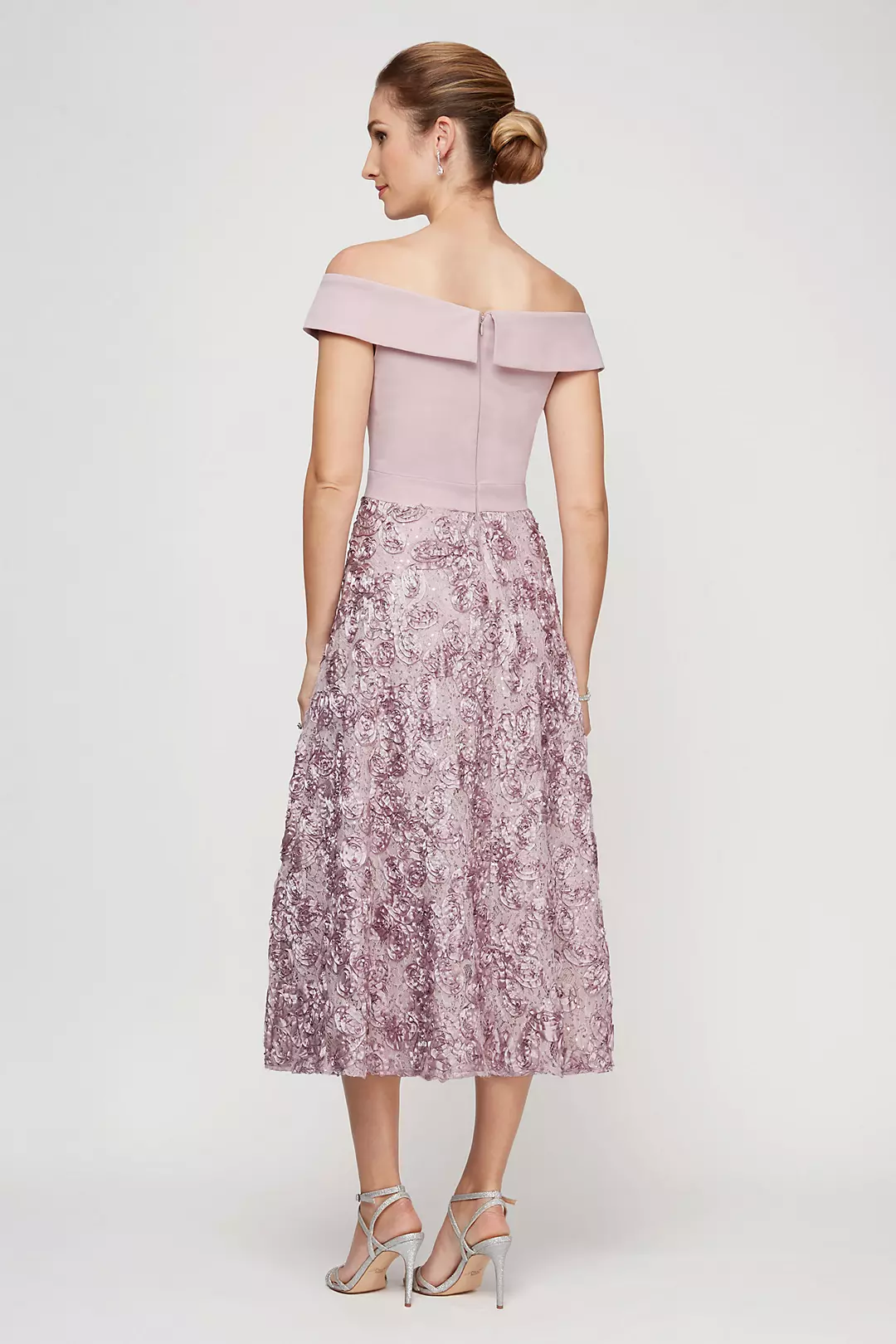 Off-the-Shoulder Surplice Dress with Rosette Skirt Image 2