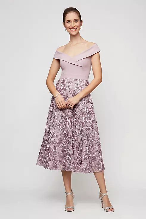 Off-the-Shoulder Surplice Dress with Rosette Skirt Image 1