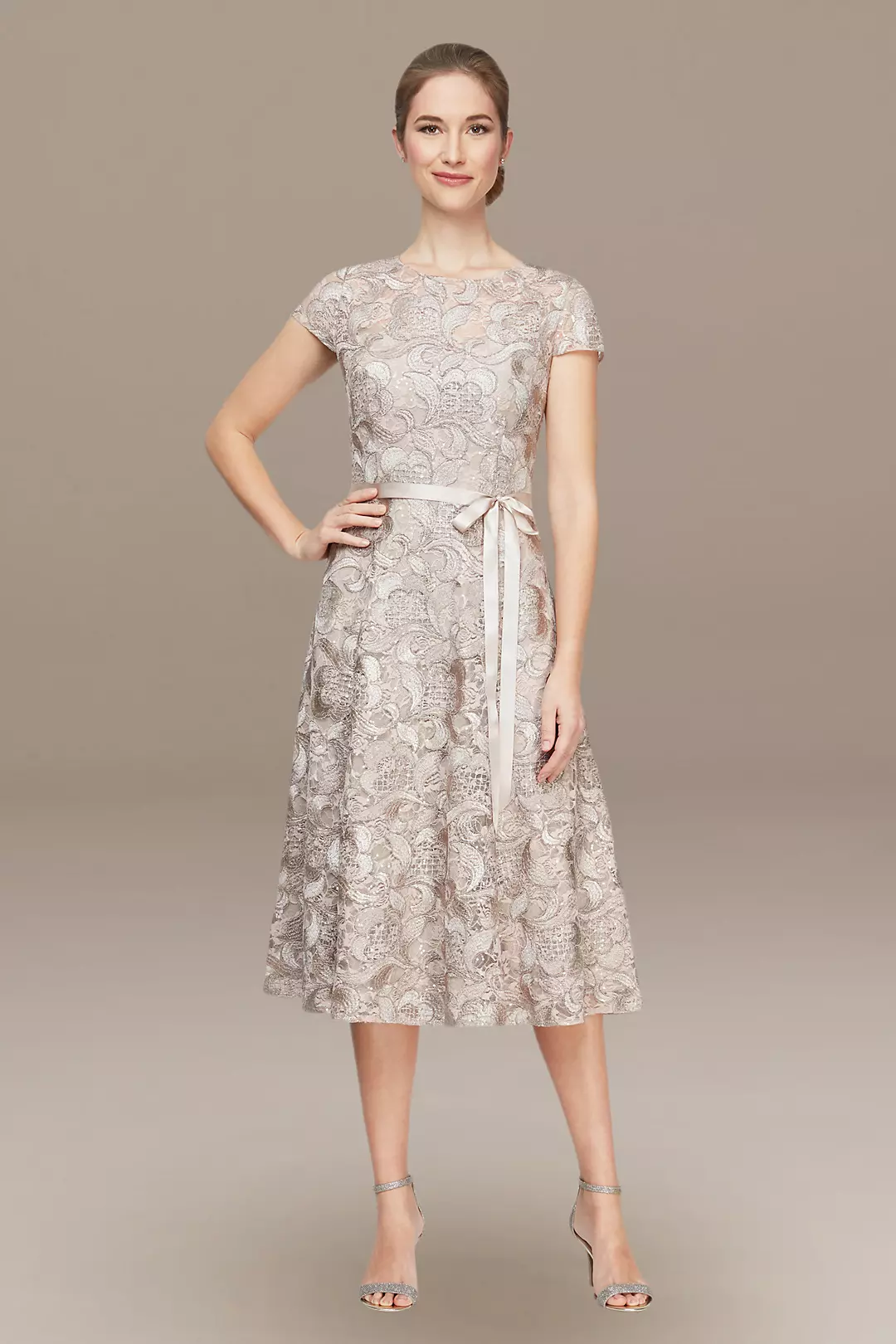 Lace Tea-Length A-Line Dress with Cap Sleeves | David's Bridal