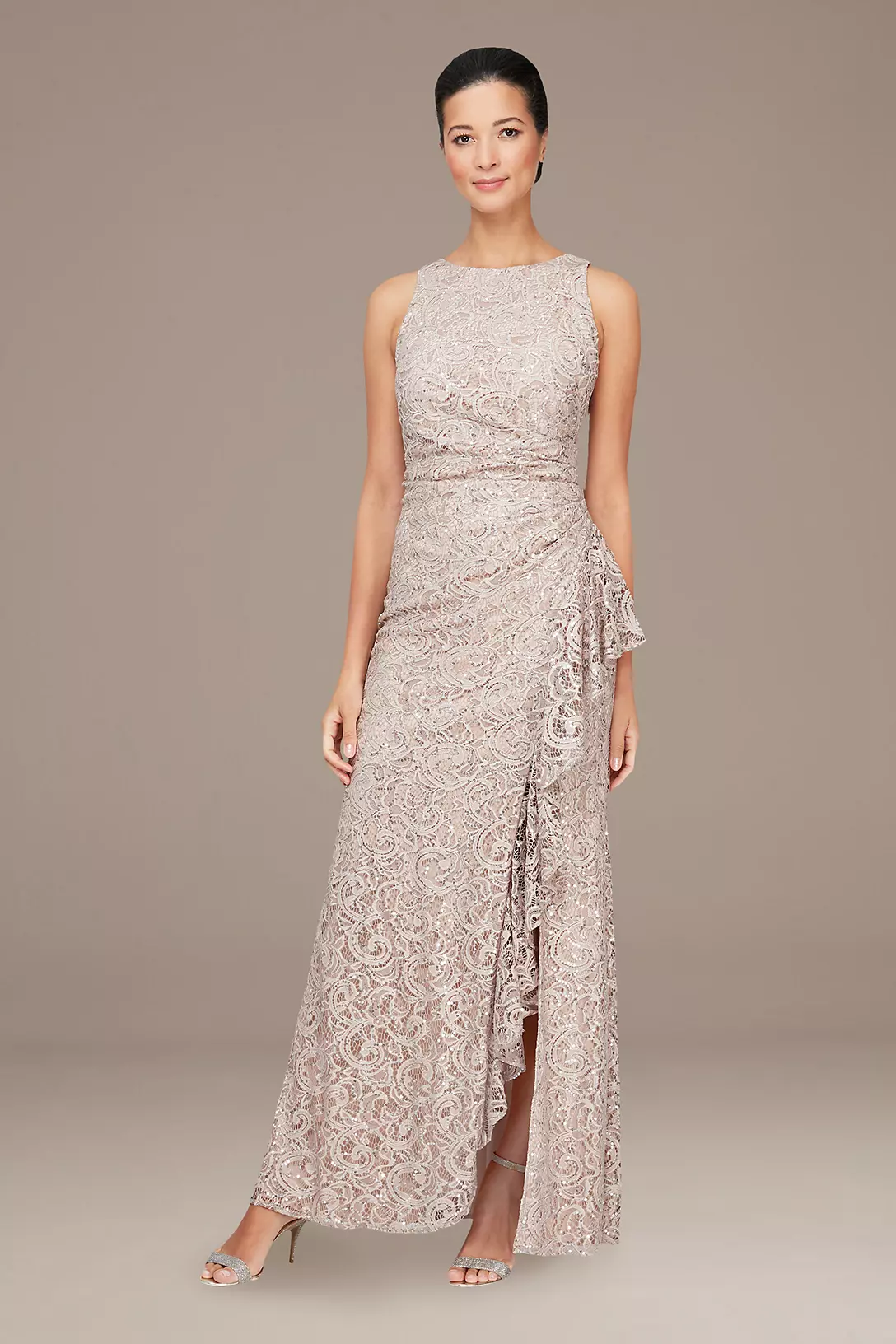 Glitter Lace Sheath Gown with Skirt Slit Image