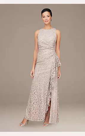 Glitter Lace Sheath Gown with Skirt Slit Image 1