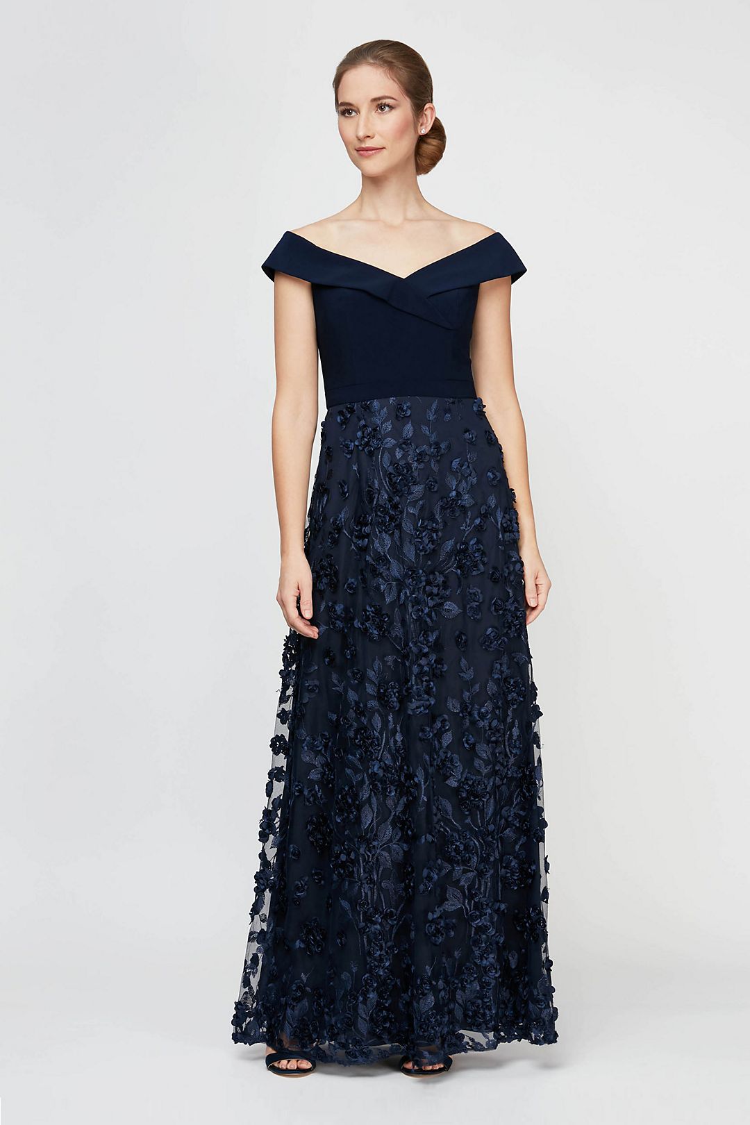 Off the Shoulder Gown with Floral Applique Overlay Image 1