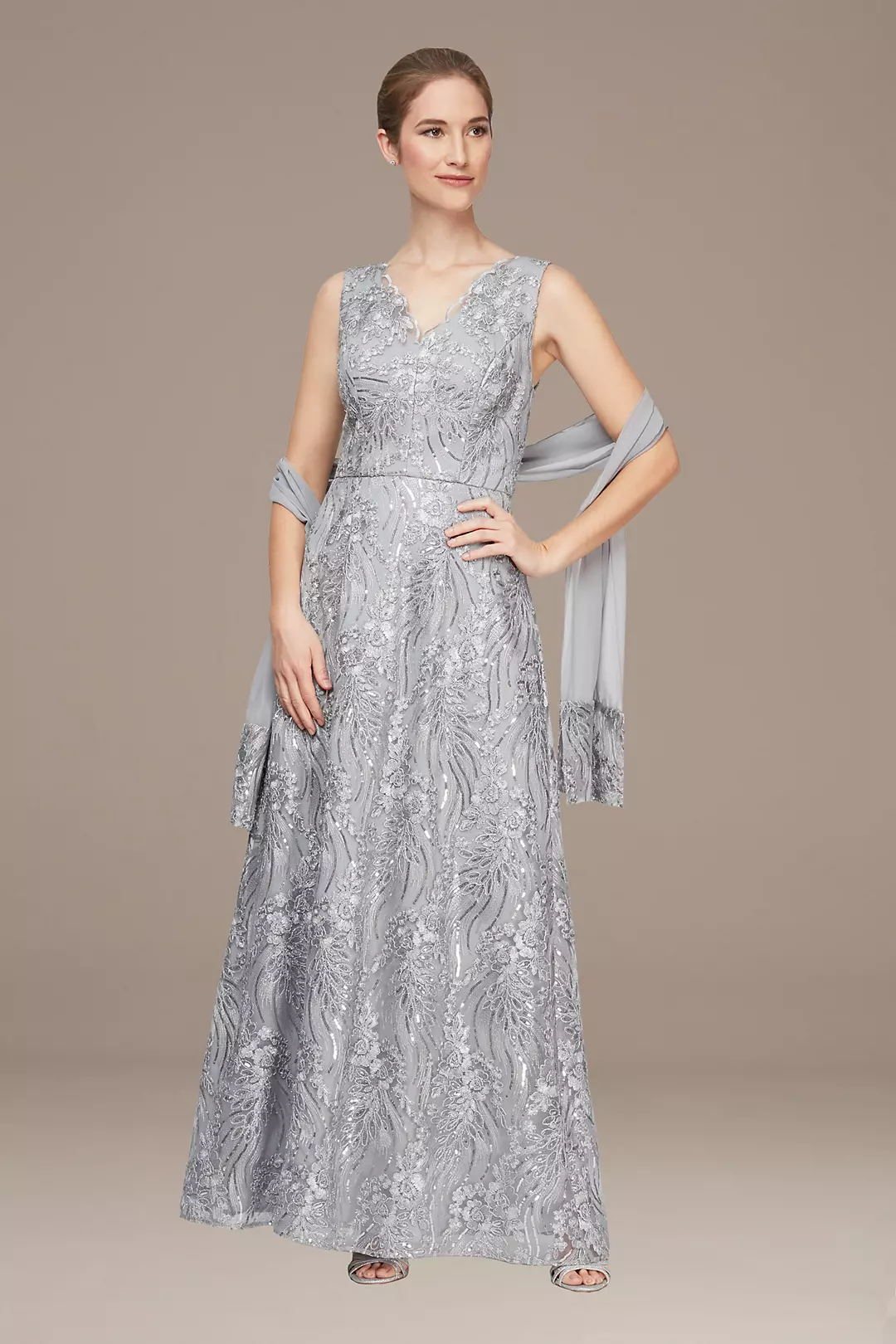 Sleeveless Embroidered Tulle Gown with Shawl Image