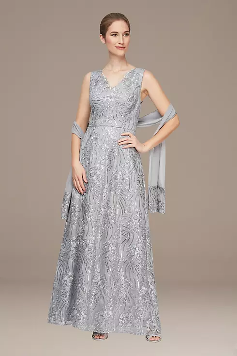 Sleeveless Embroidered Tulle Gown with Shawl Image 1