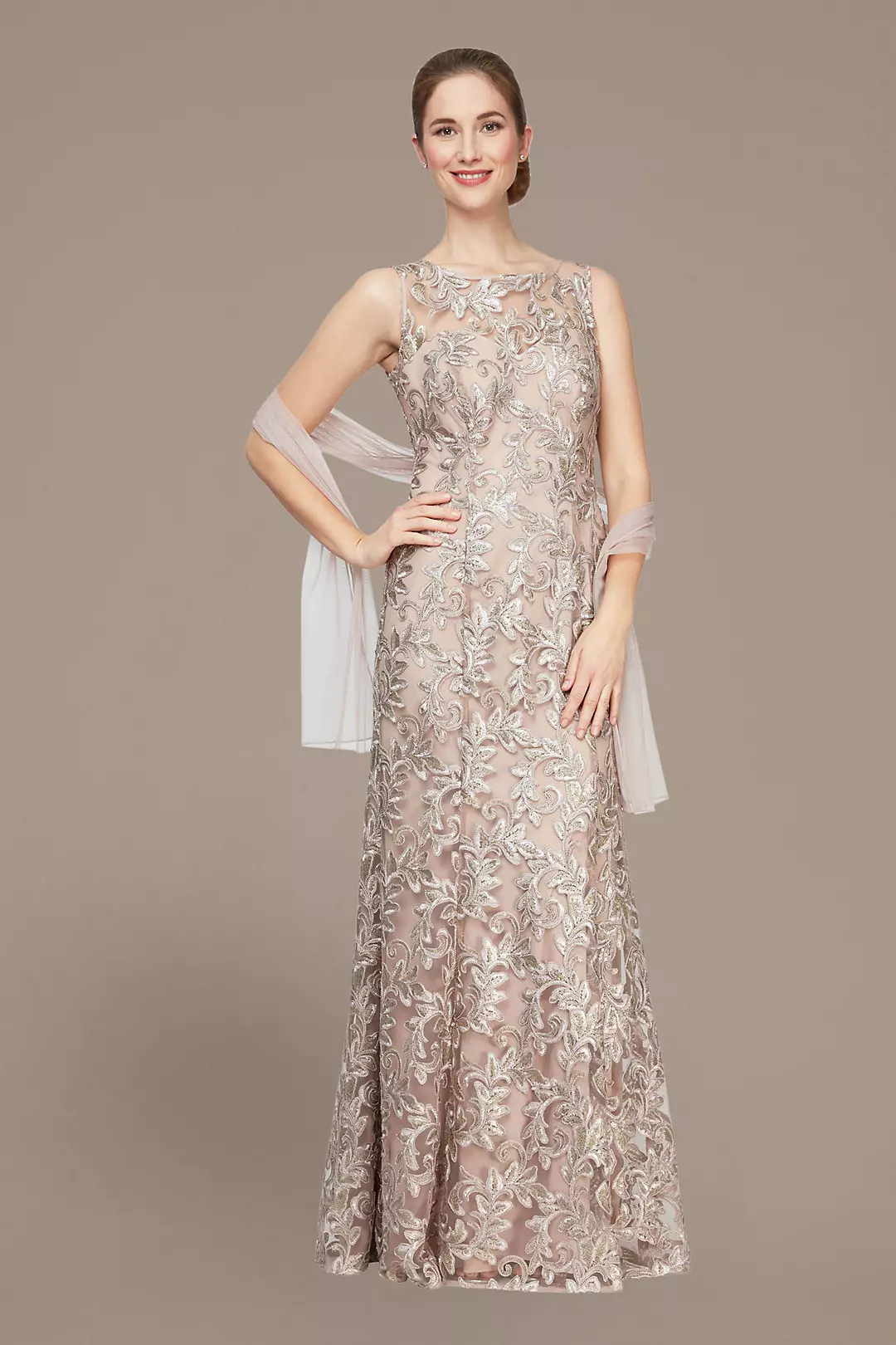 Long Illusion Neck Embroidered Dress with Shawl Image