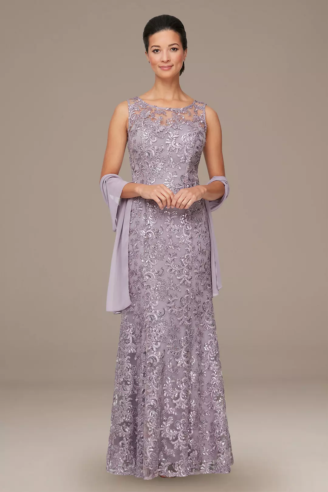 Embroidered Mesh Illusion Gown with Matching Shawl Image