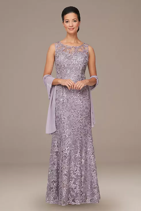 Embroidered Mesh Illusion Gown with Matching Shawl Image 1