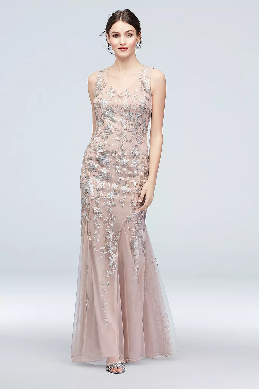Embroidered Sequin Flower V-Neck Tulle Gown Image