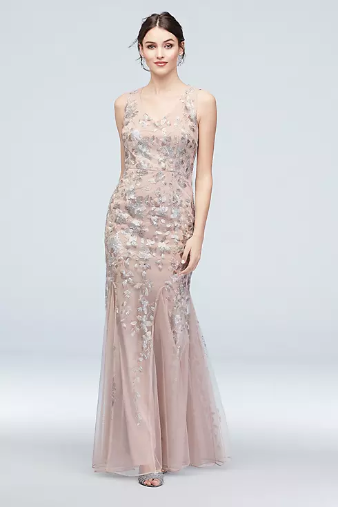 Embroidered Sequin Flower V-Neck Tulle Gown Image 1