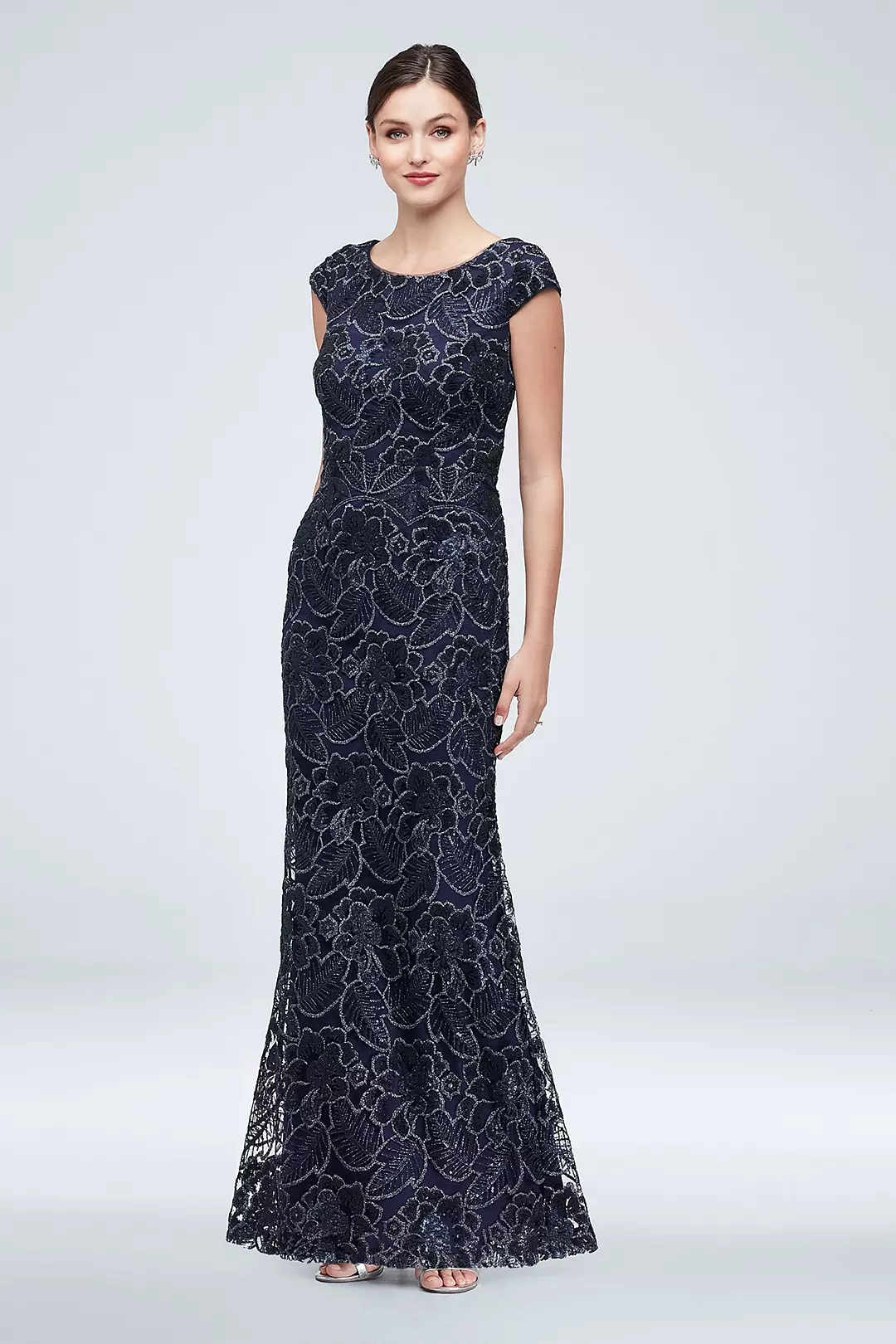 Sequin Floral Lace Overlay Cap Sleeve Gown Image