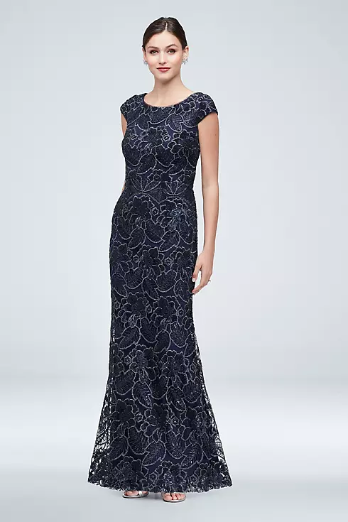 Sequin Floral Lace Overlay Cap Sleeve Gown Image 1