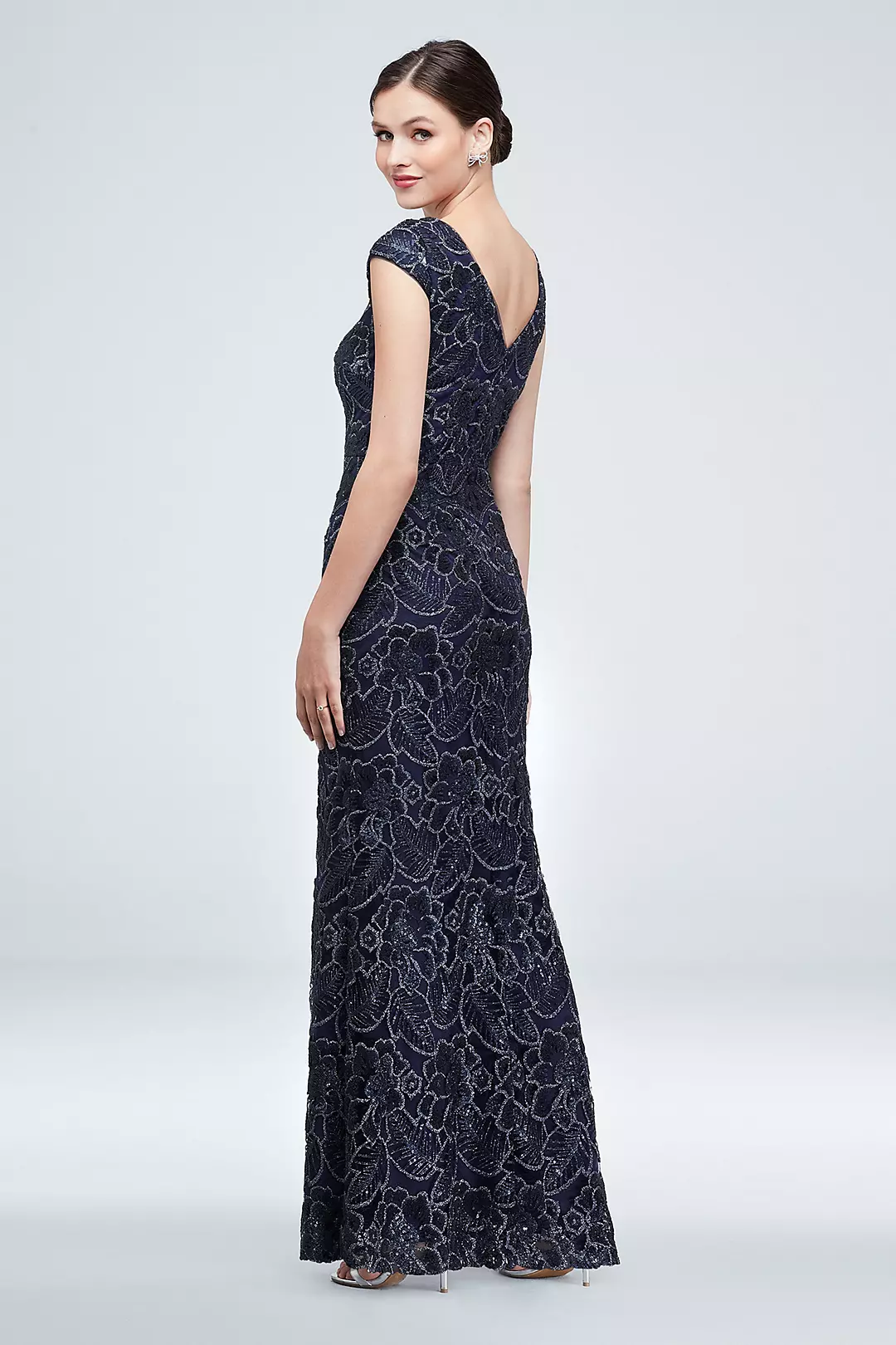 Sequin Floral Lace Overlay Cap Sleeve Gown Image 2