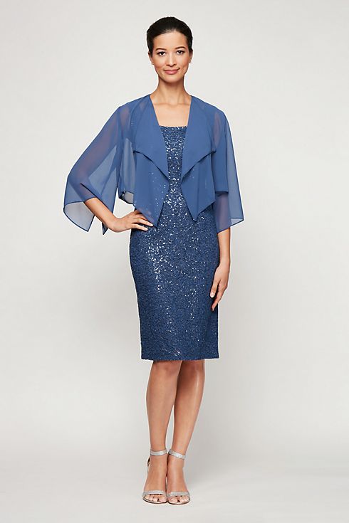 Corded Lace Sequin Shift Dress with Cascade Jacket Image