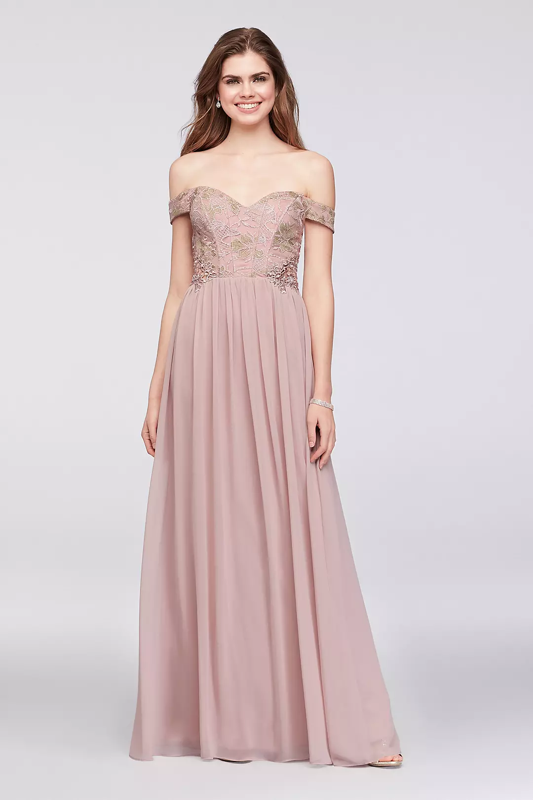 Off-the-Shoulder Lace and Chiffon Corset Gown Image