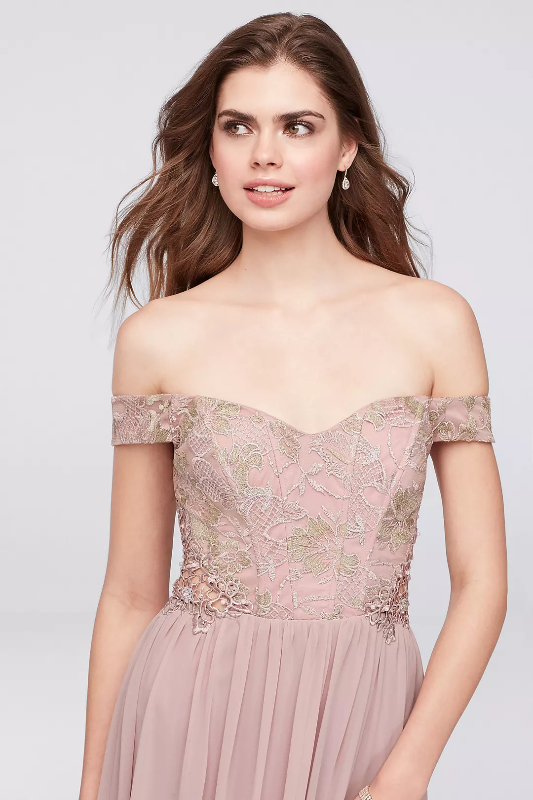 Off-the-Shoulder Lace and Chiffon Corset Gown Image 3