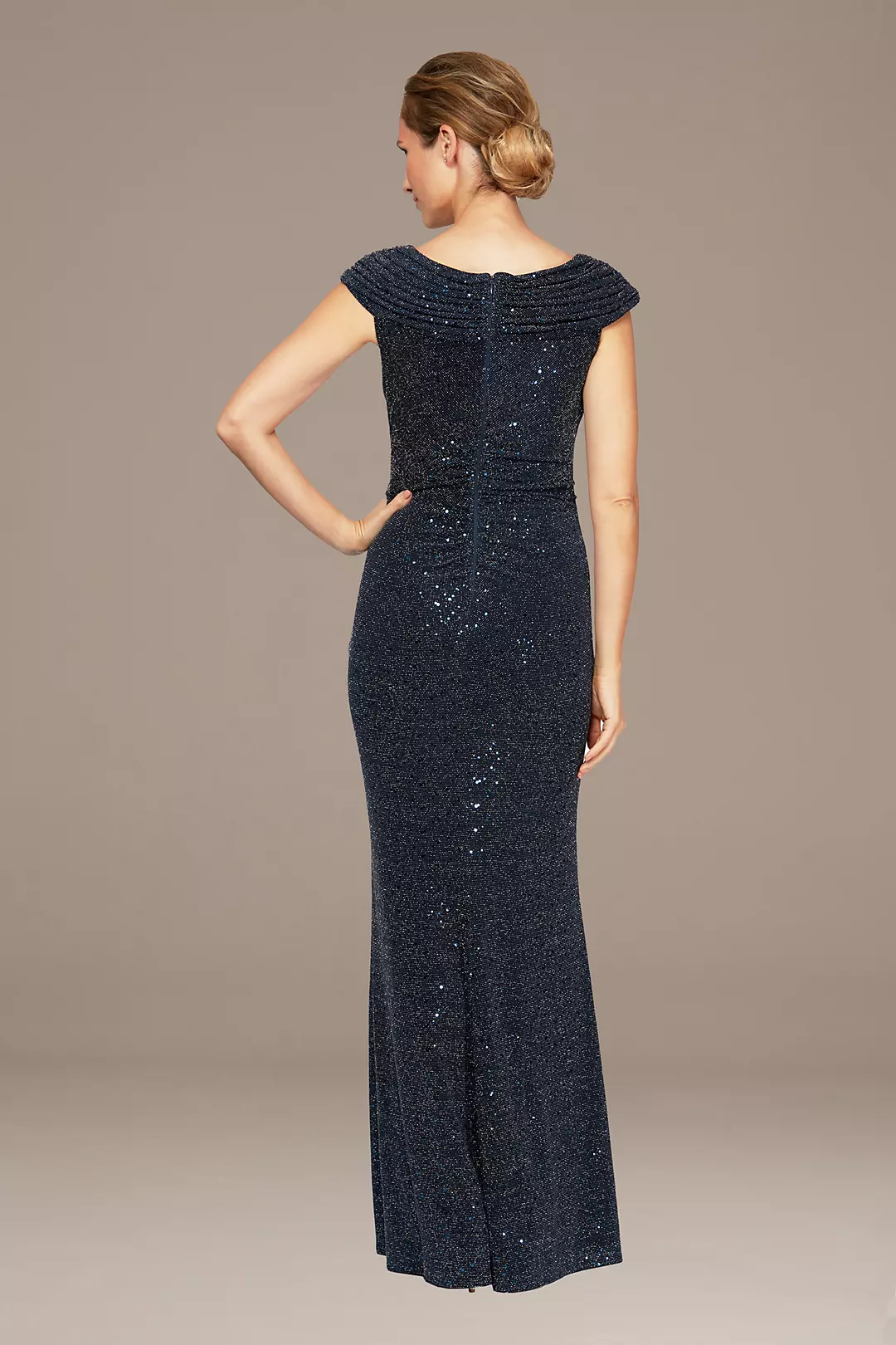 Asymmetrical Sequin and Metallic Gown with Slit Image 2