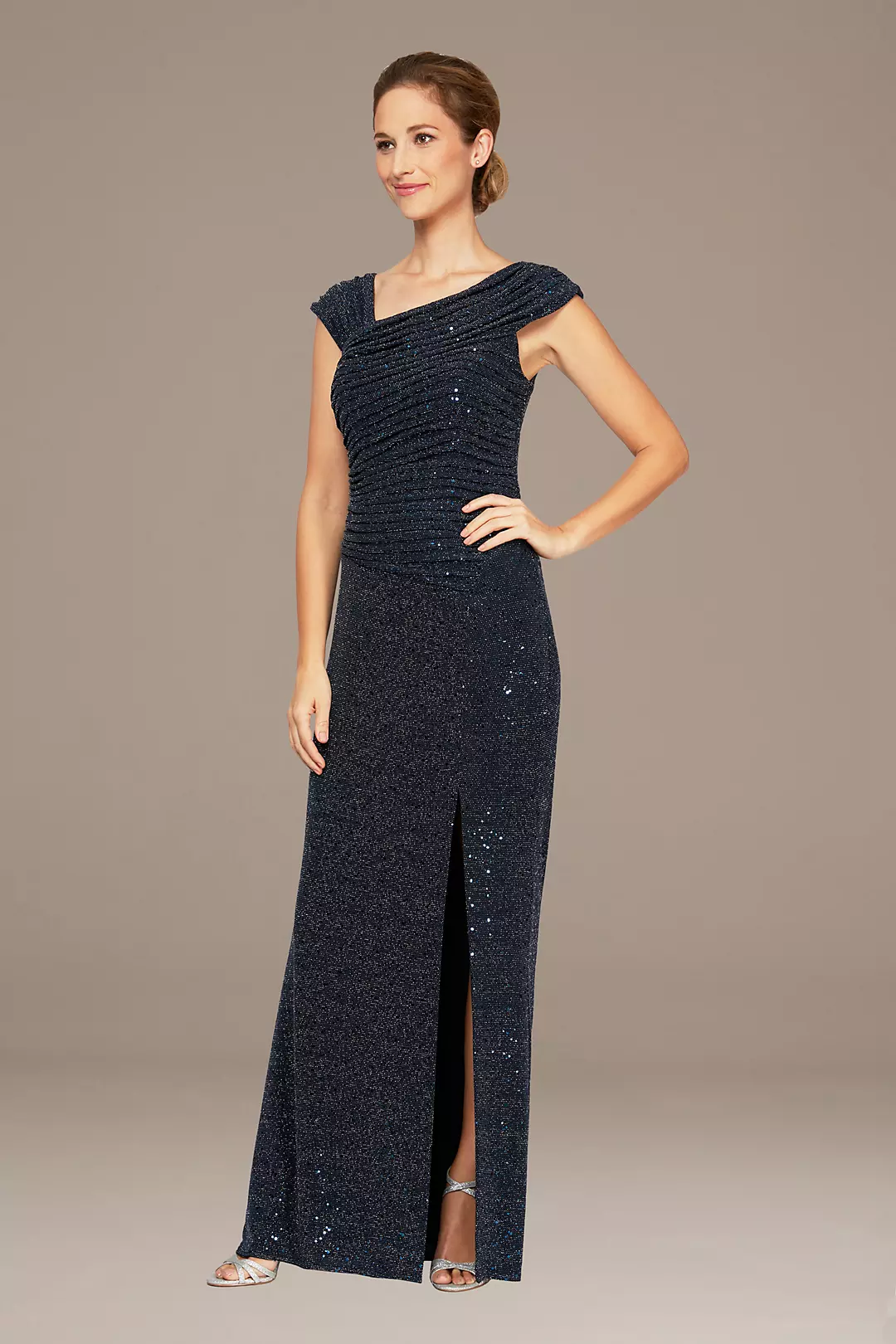 Asymmetrical Sequin and Metallic Gown with Slit Image