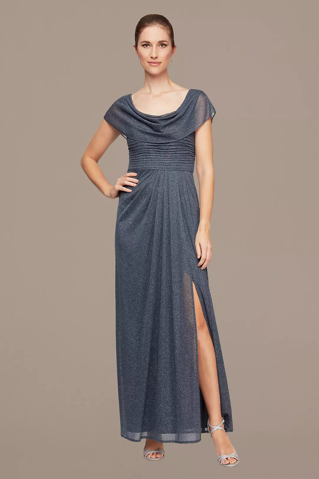 Pleated Glitter Mesh Cowl Neckline A-Line Gown Image
