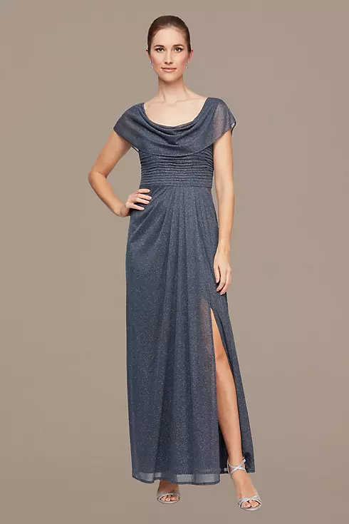 Pleated Glitter Mesh Cowl Neckline A-Line Gown Image 1