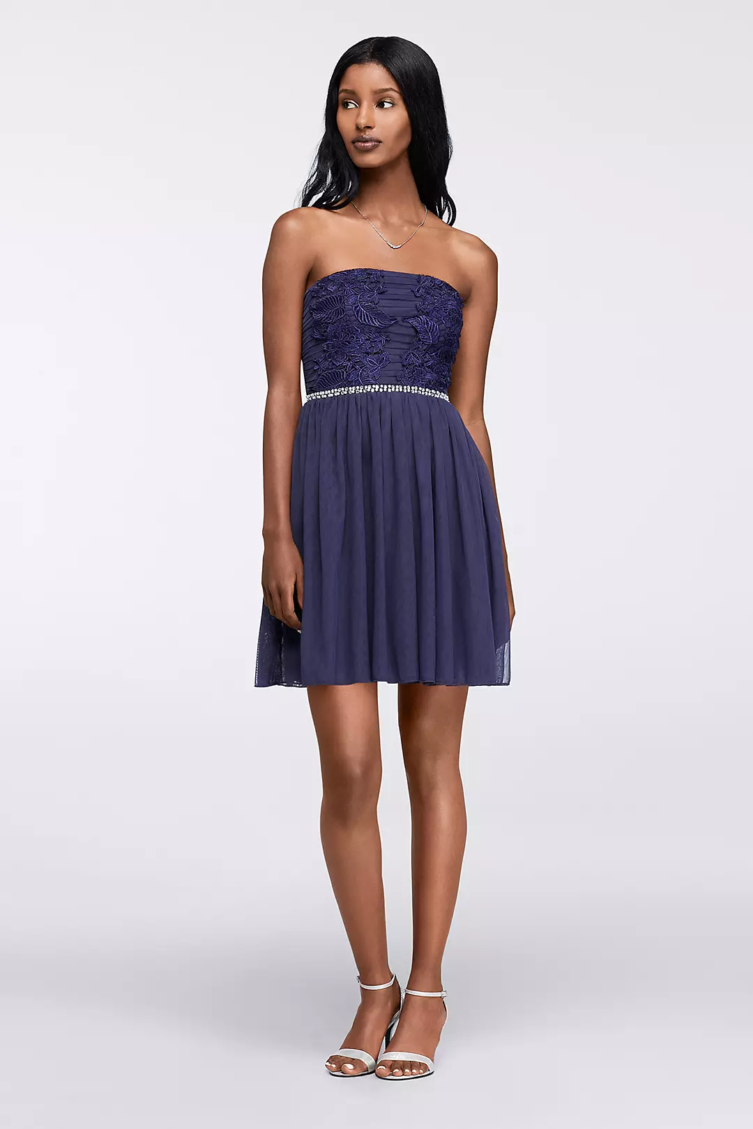 Lace Applique Short Strapless Homecoming Dress Image