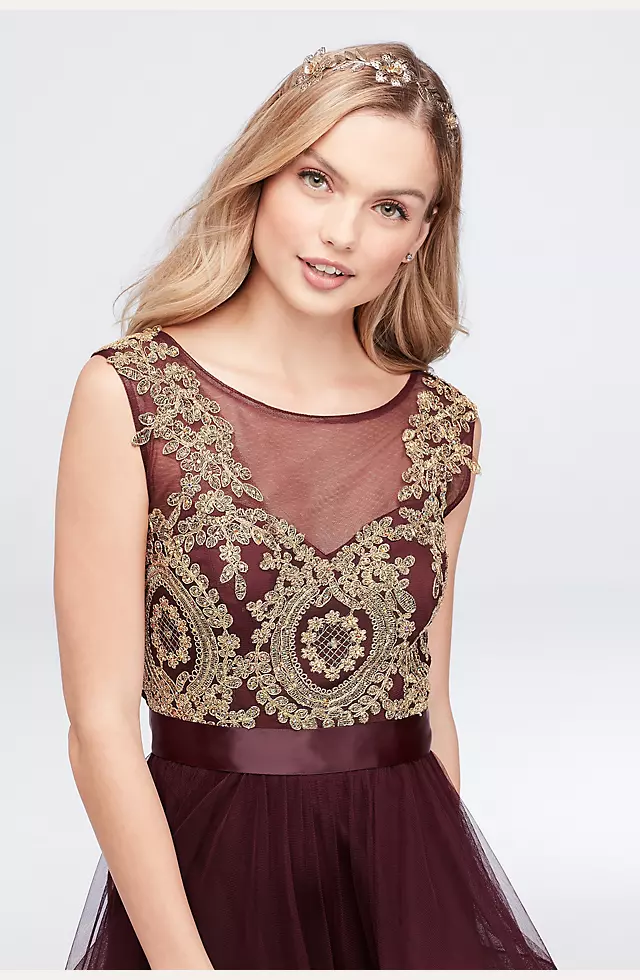 Mesh Fit-and-Flare Dress with Gold Applique Bodice Image 3