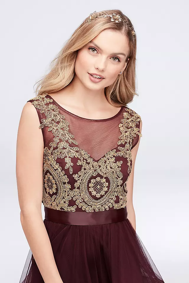 Mesh Fit-and-Flare Dress with Gold Applique Bodice Image 3
