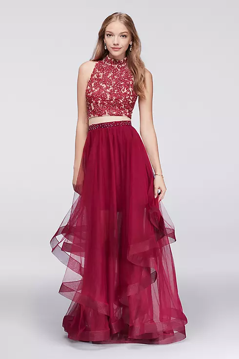 Embroidered Halter Crop Top and Tiered Skirt Set Image 1