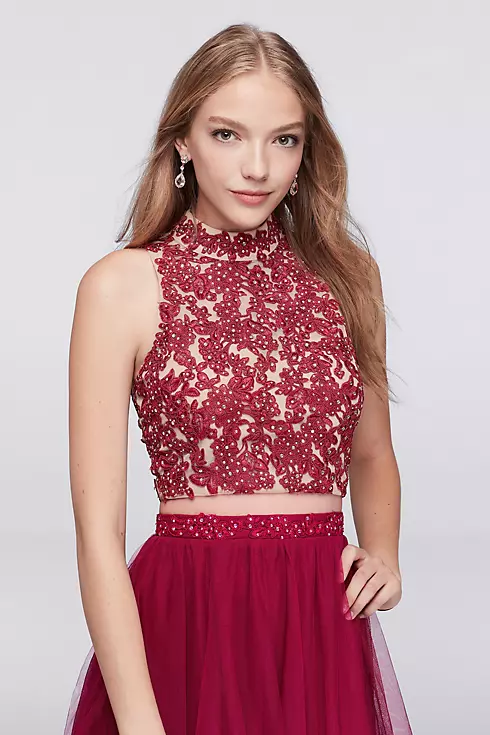 Embroidered Halter Crop Top and Tiered Skirt Set Image 3
