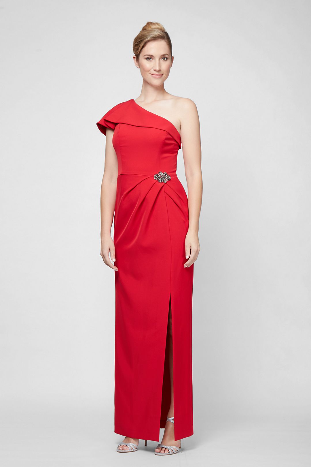 One-Shoulder Crepe Gown with Beaded Hip Detail Image 3