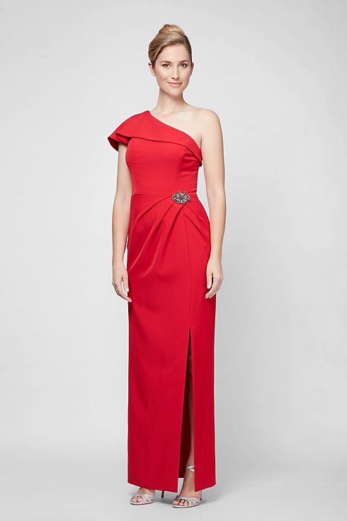One-Shoulder Crepe Gown with Beaded Hip Detail Image