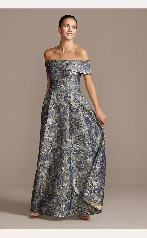 Ribbed Flowered Metallic Jacquard Gown