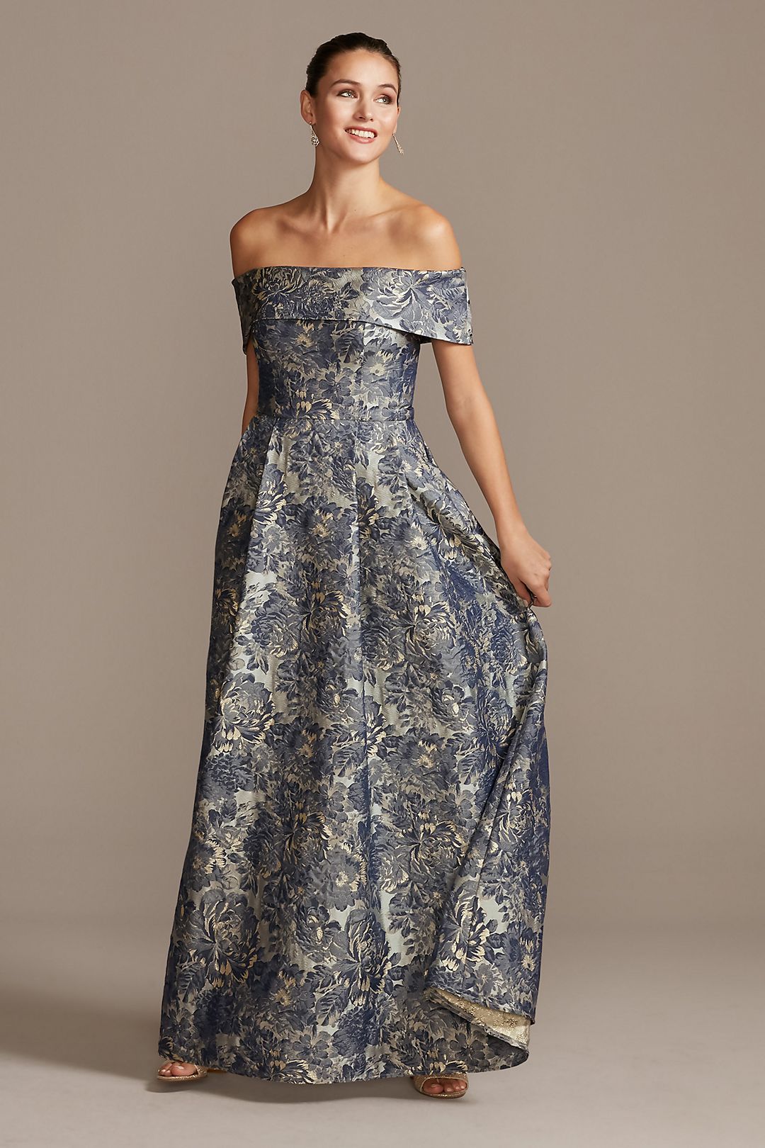 Off the Shoulder Fold Floral Jacquard Gown Image 1