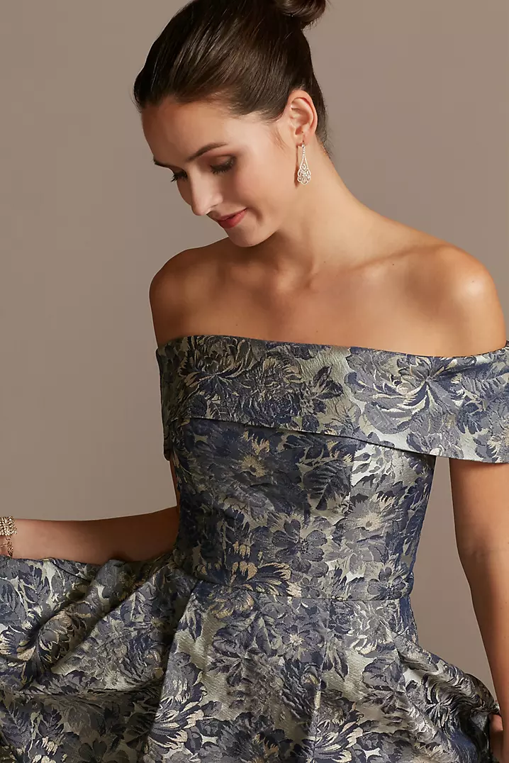 Off the Shoulder Fold Floral Jacquard Gown | David's Bridal Off the Shoulder Fold Floral Jacquard Gown | David's Bridal