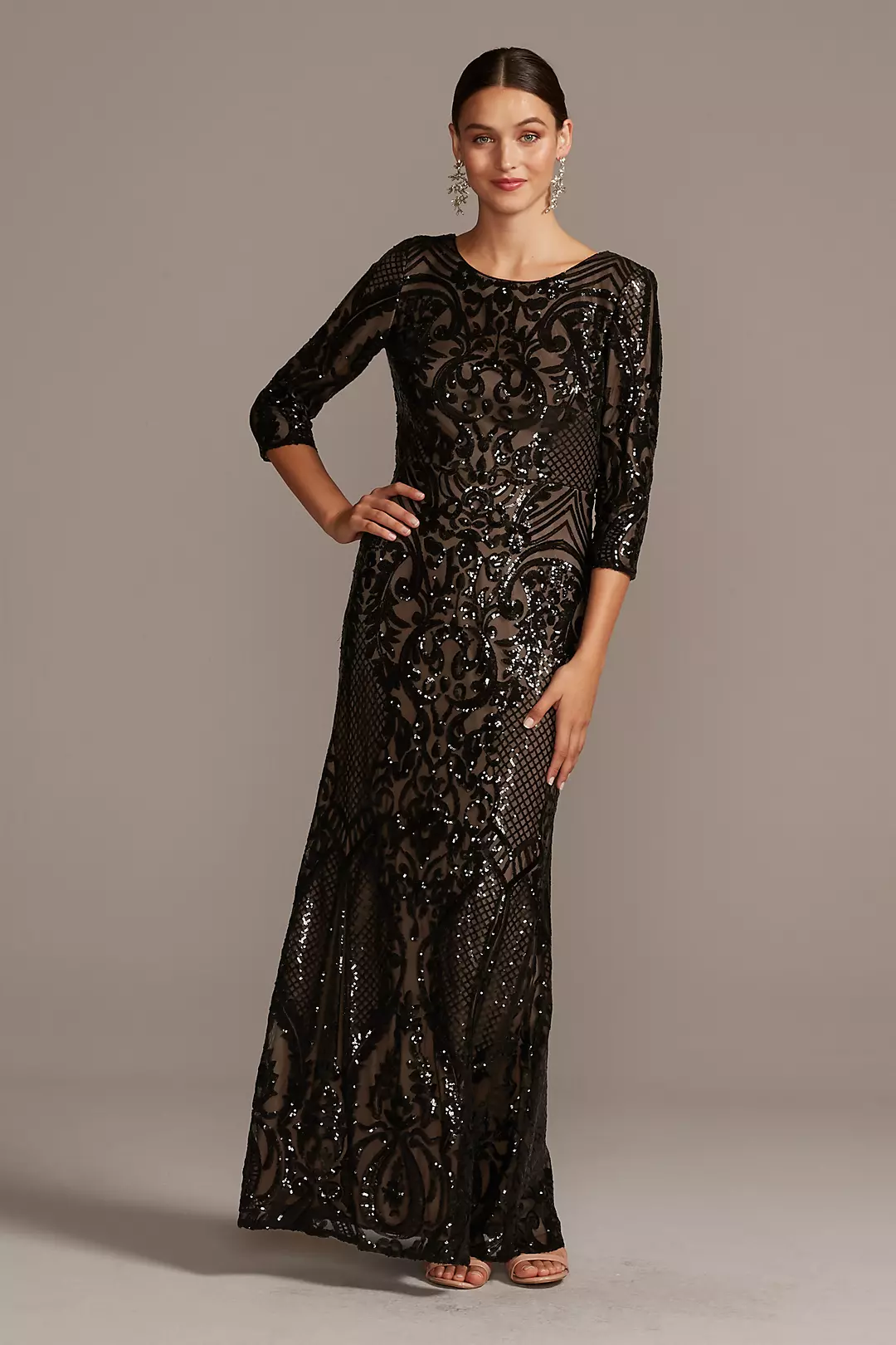 Sequin Brocade Embellished 3/4 Sleeve Dress Image