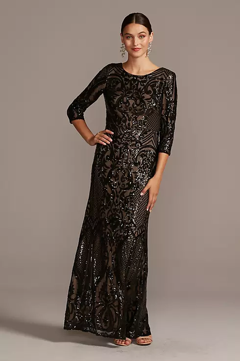 Sequin Brocade Embellished 3/4 Sleeve Dress Image 1