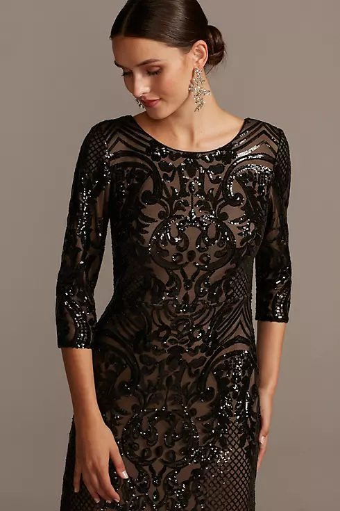 Sequin Brocade Embellished 3/4 Sleeve Dress Image 3