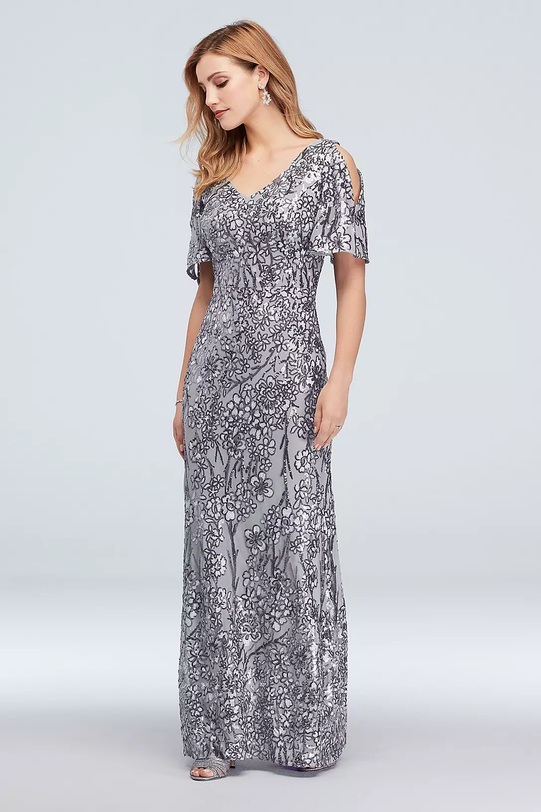 Sequin Floral Embroidered Flutter Sleeve Gown Image