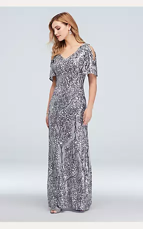 Sequin Floral Embroidered Flutter Sleeve Gown Image 1