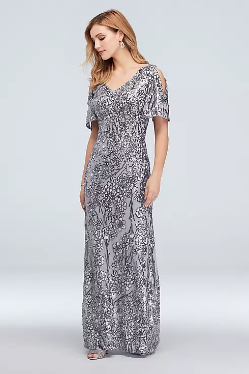 Sequin Floral Embroidered Flutter Sleeve Gown Image 1